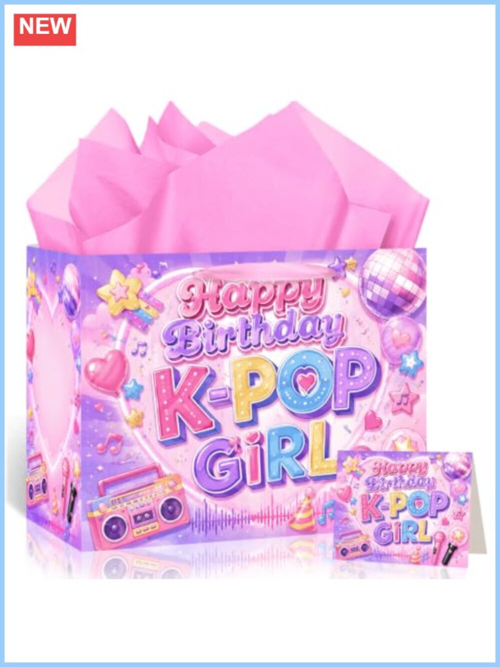 K-Pop Birthday Gift Bag Set with Tissue Paper & Card, Music Party Gift Wrapping